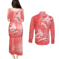 Polynesia Sea Turtle Couple Couples Matching Puletasi Dress and Long Sleeve Button Shirt Happy Valentine Day Red LT05 - Polynesian Pride