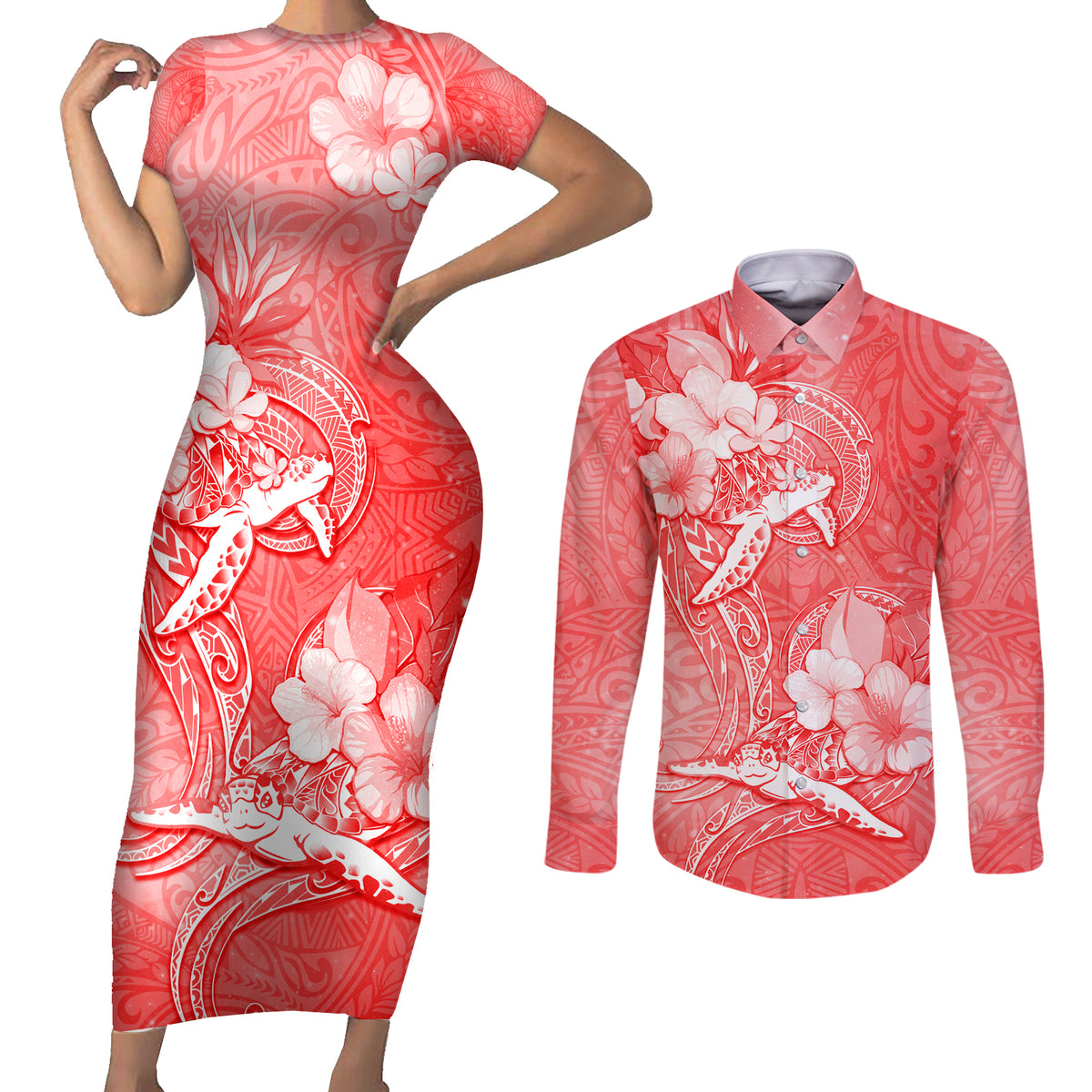 Polynesia Sea Turtle Couple Couples Matching Short Sleeve Bodycon Dress and Long Sleeve Button Shirt Happy Valentine Day Red LT05 Red - Polynesian Pride