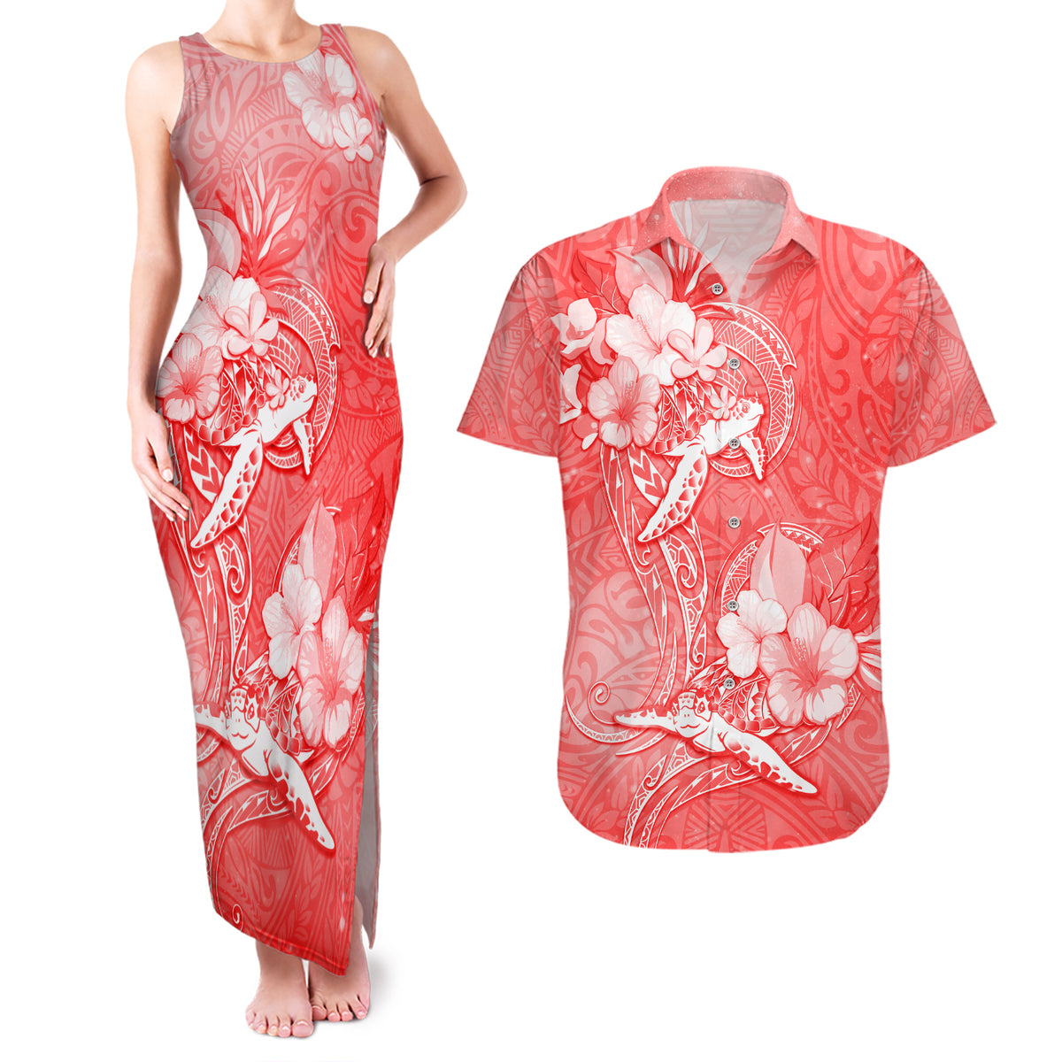 Polynesia Sea Turtle Couple Couples Matching Tank Maxi Dress and Hawaiian Shirt Happy Valentine Day Red LT05 Red - Polynesian Pride
