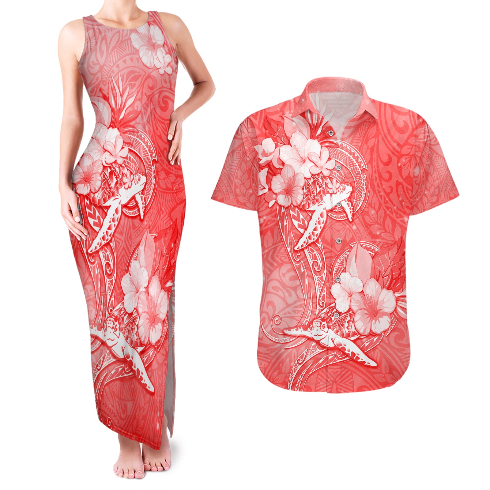 Polynesia Sea Turtle Couple Couples Matching Tank Maxi Dress and Hawaiian Shirt Happy Valentine Day Red LT05 Red - Polynesian Pride