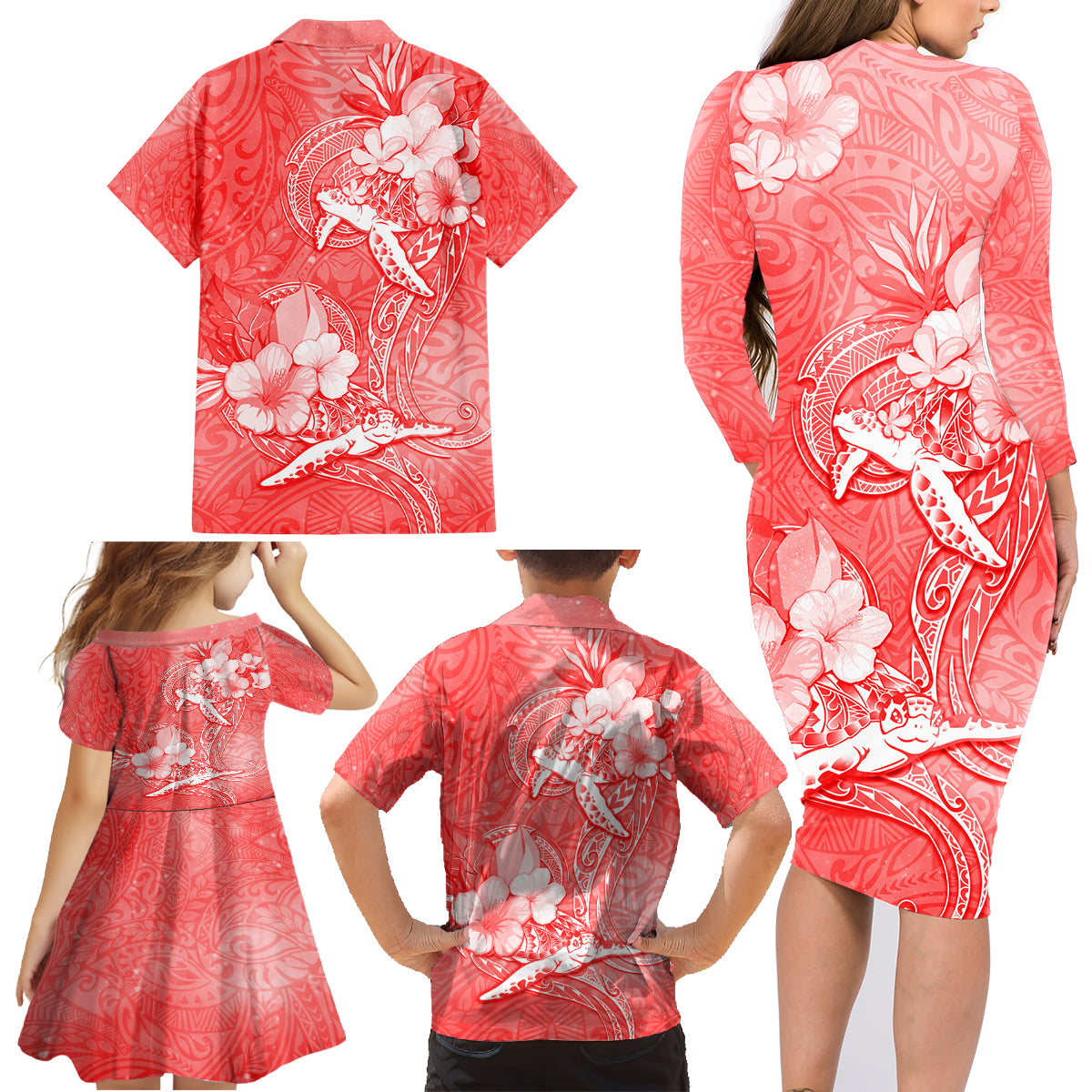 Polynesia Sea Turtle Couple Family Matching Long Sleeve Bodycon Dress and Hawaiian Shirt Happy Valentine Day Red LT05 - Polynesian Pride