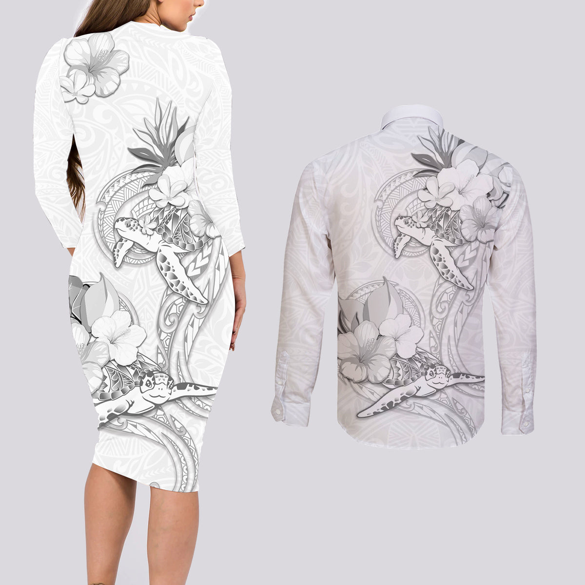 Polynesia Sea Turtle Couple Couples Matching Long Sleeve Bodycon Dress and Long Sleeve Button Shirt Happy Valentine Day White LT05 - Polynesian Pride