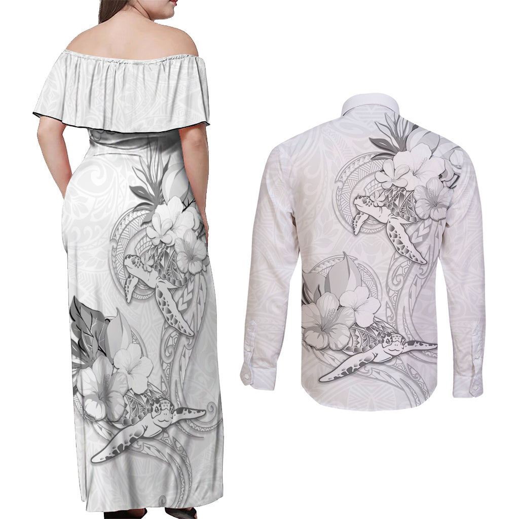 Polynesia Sea Turtle Couple Couples Matching Off Shoulder Maxi Dress and Long Sleeve Button Shirt Happy Valentine Day White LT05 - Polynesian Pride