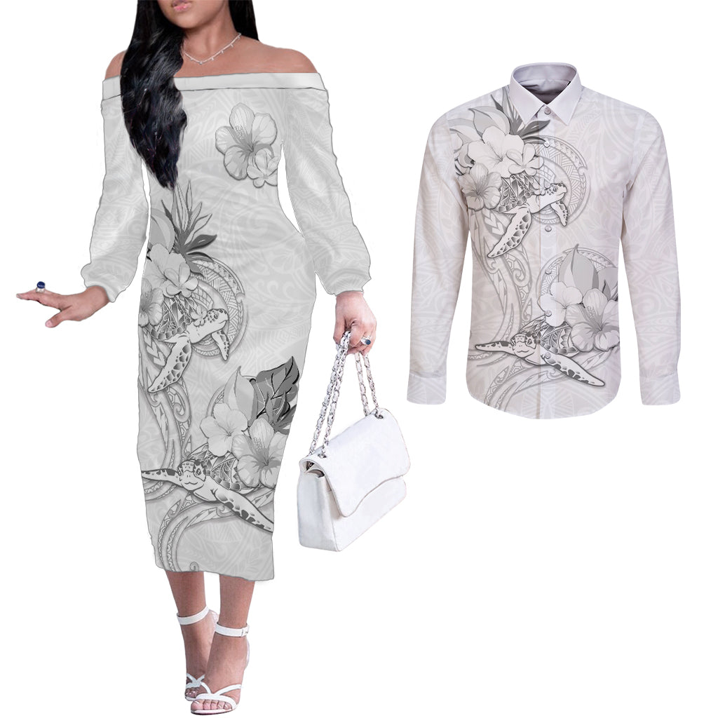 Polynesia Sea Turtle Couple Couples Matching Off The Shoulder Long Sleeve Dress and Long Sleeve Button Shirt Happy Valentine Day White LT05 White - Polynesian Pride