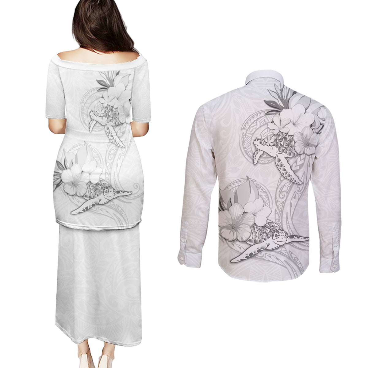 Polynesia Sea Turtle Couple Couples Matching Puletasi Dress and Long Sleeve Button Shirt Happy Valentine Day White LT05 - Polynesian Pride