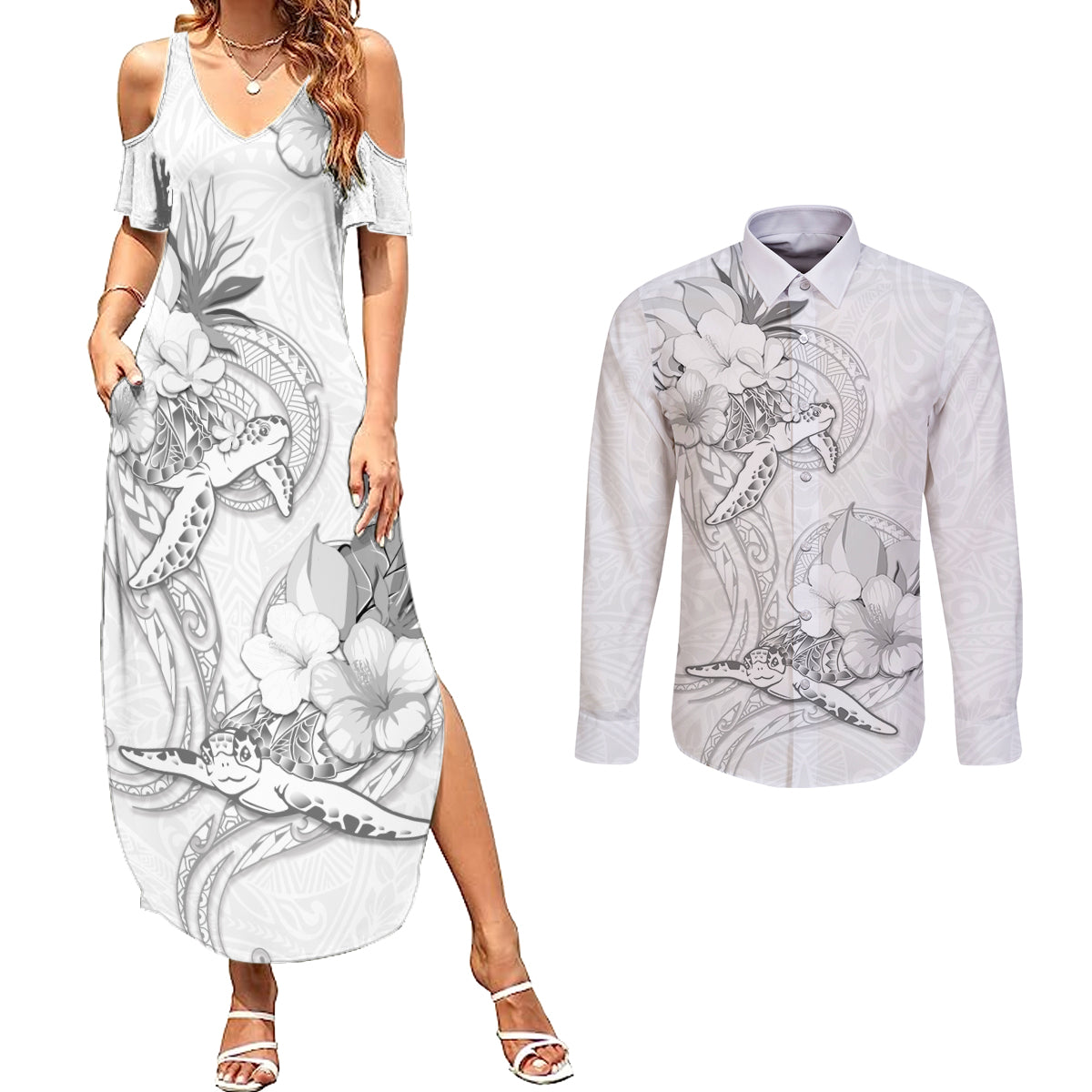 Polynesia Sea Turtle Couple Couples Matching Summer Maxi Dress and Long Sleeve Button Shirt Happy Valentine Day White LT05 White - Polynesian Pride