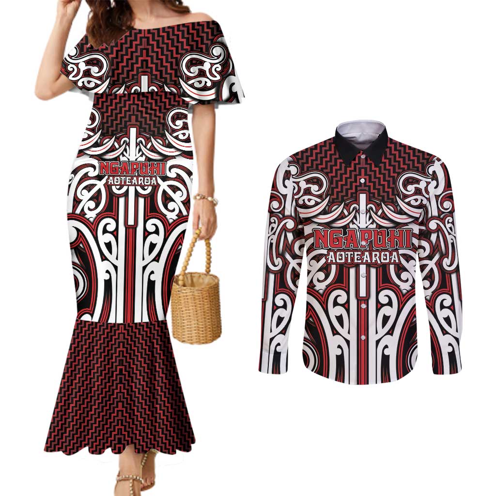 Custom Aotearoa Ngapuhi Couples Matching Mermaid Dress and Long Sleeve Button Shirt Maori Tribal Pattern Mix Poutama LT05 Red - Polynesian Pride