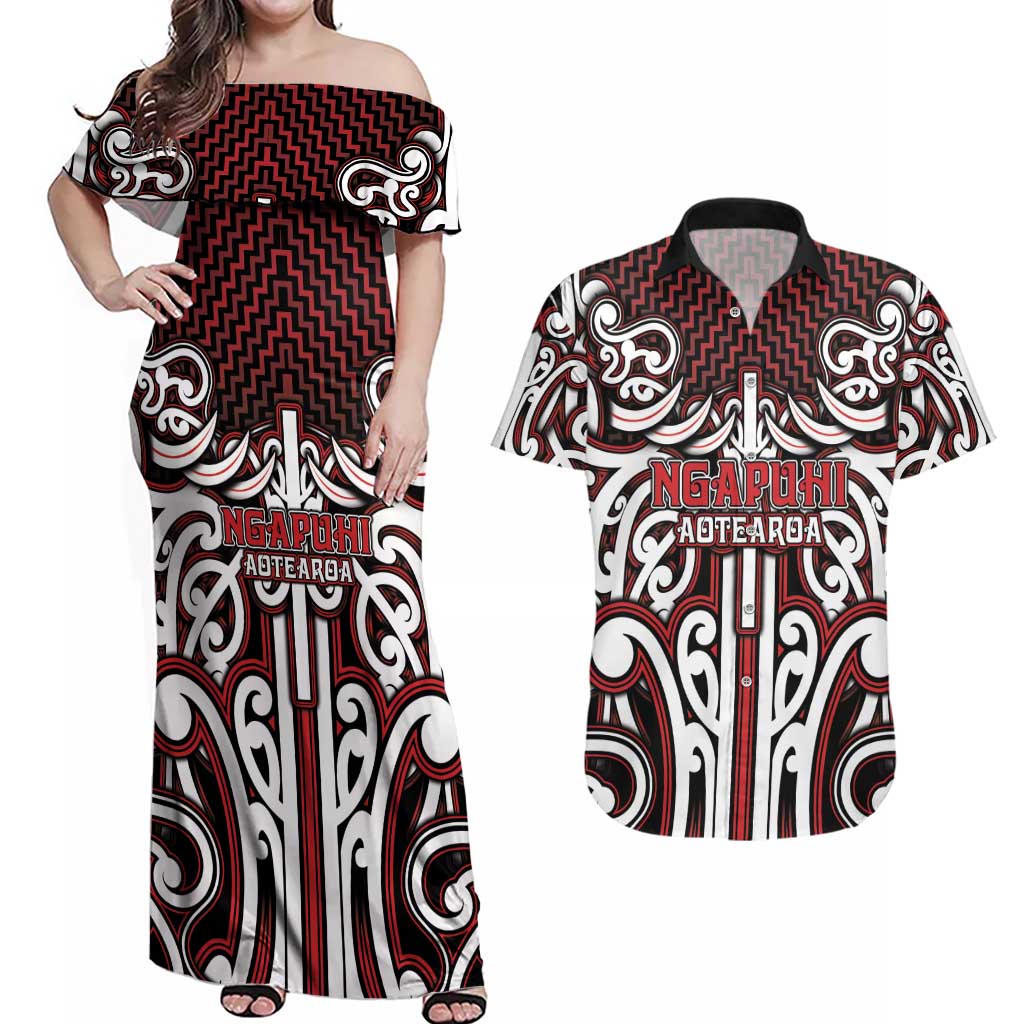 Custom Aotearoa Ngapuhi Couples Matching Off Shoulder Maxi Dress and Hawaiian Shirt Maori Tribal Pattern Mix Poutama LT05 Red - Polynesian Pride