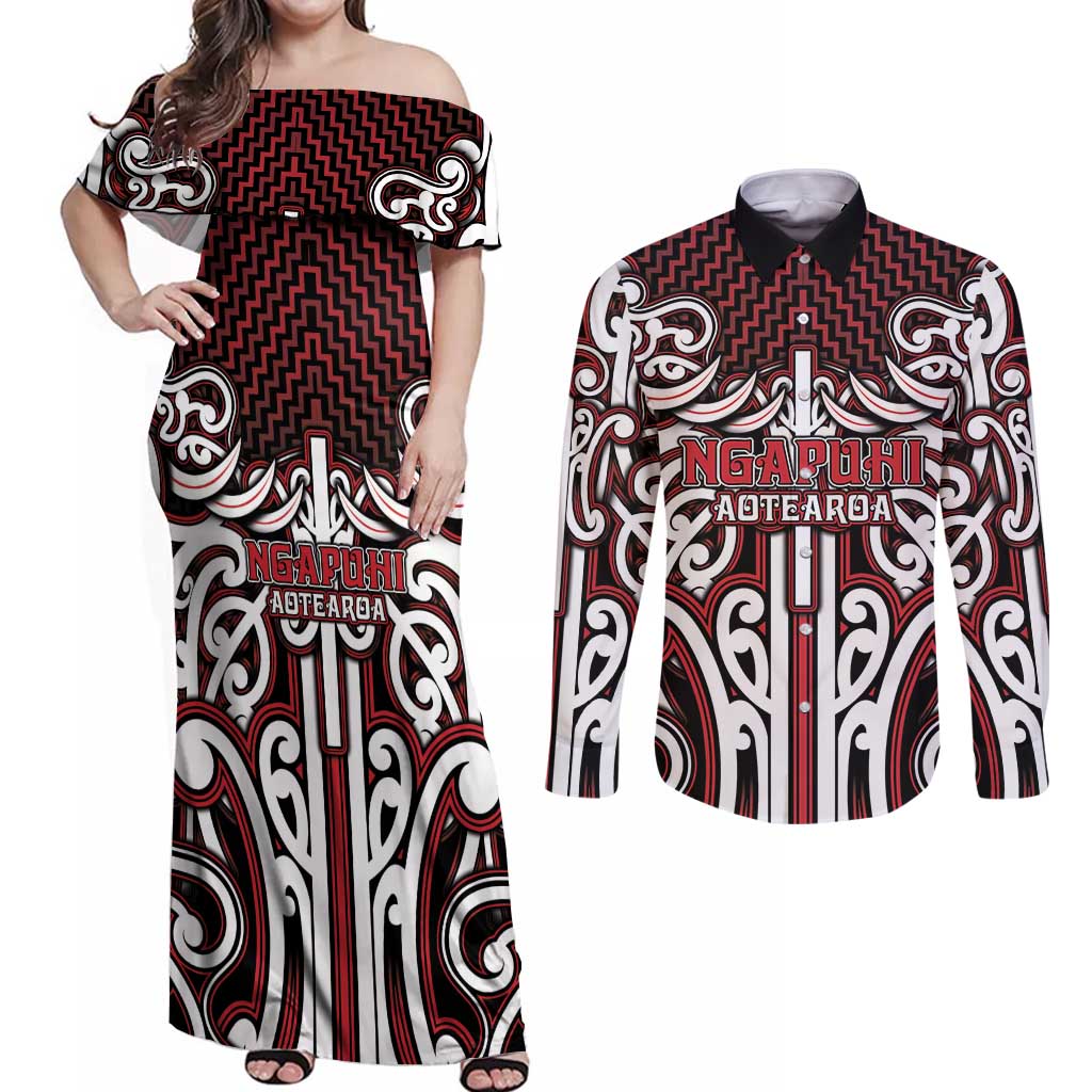Custom Aotearoa Ngapuhi Couples Matching Off Shoulder Maxi Dress and Long Sleeve Button Shirt Maori Tribal Pattern Mix Poutama LT05 Red - Polynesian Pride
