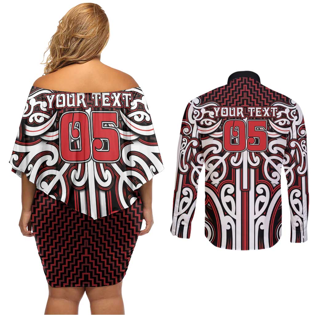 Custom Aotearoa Ngapuhi Couples Matching Off Shoulder Short Dress and Long Sleeve Button Shirt Maori Tribal Pattern Mix Poutama LT05 - Polynesian Pride