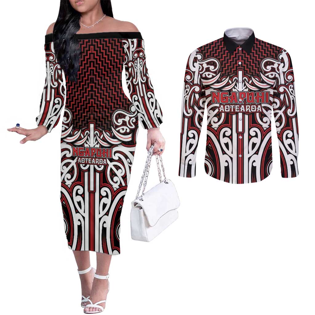 Custom Aotearoa Ngapuhi Couples Matching Off The Shoulder Long Sleeve Dress and Long Sleeve Button Shirt Maori Tribal Pattern Mix Poutama LT05 Red - Polynesian Pride