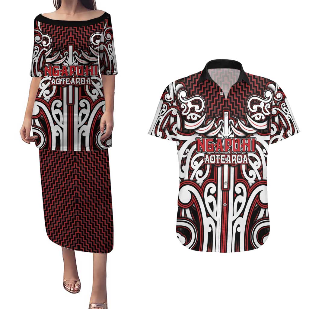 Custom Aotearoa Ngapuhi Couples Matching Puletasi and Hawaiian Shirt Maori Tribal Pattern Mix Poutama LT05 Red - Polynesian Pride