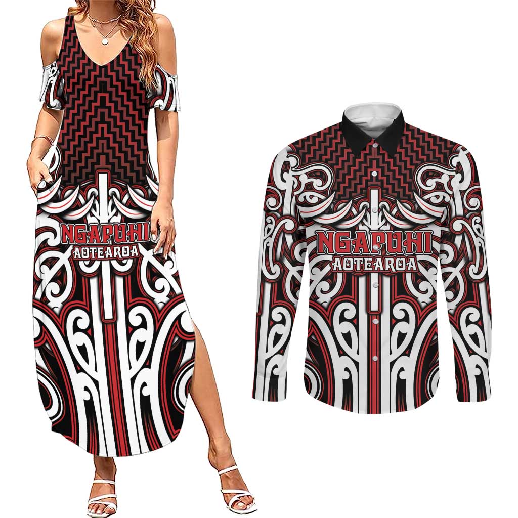Custom Aotearoa Ngapuhi Couples Matching Summer Maxi Dress and Long Sleeve Button Shirt Maori Tribal Pattern Mix Poutama LT05 Red - Polynesian Pride
