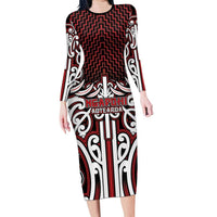 Custom Aotearoa Ngapuhi Family Matching Long Sleeve Bodycon Dress and Hawaiian Shirt Maori Tribal Pattern Mix Poutama LT05 Mom's Dress Red - Polynesian Pride