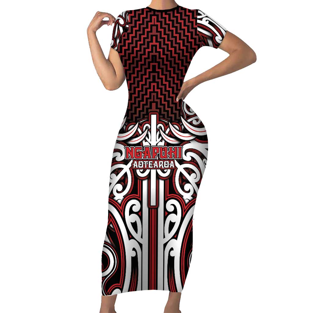 Custom Aotearoa Ngapuhi Family Matching Short Sleeve Bodycon Dress and Hawaiian Shirt Maori Tribal Pattern Mix Poutama LT05 Mom's Dress Red - Polynesian Pride