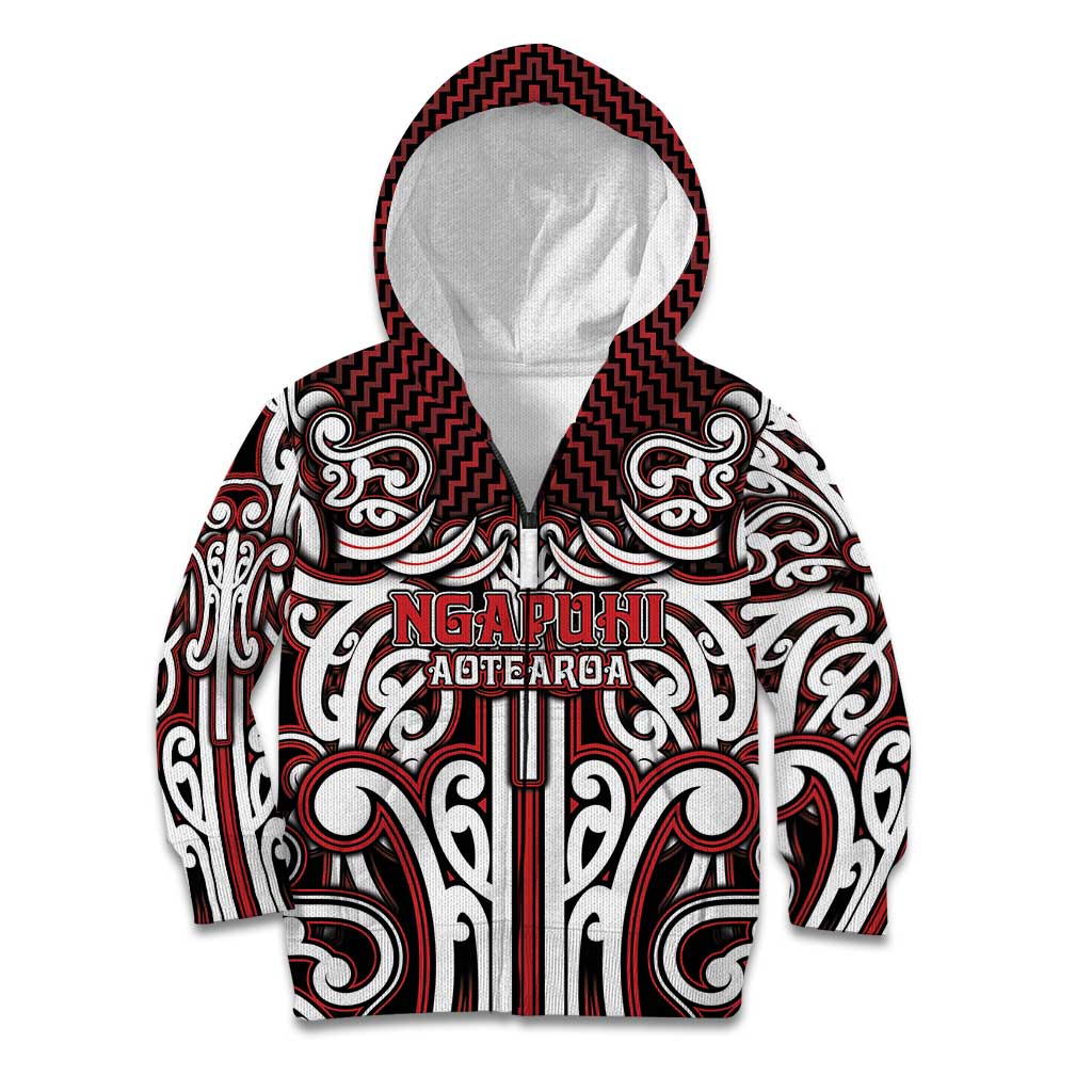 Custom Aotearoa Ngapuhi Kid Hoodie Maori Tribal Pattern Mix Poutama LT05 Zip Hoodie Red - Polynesian Pride