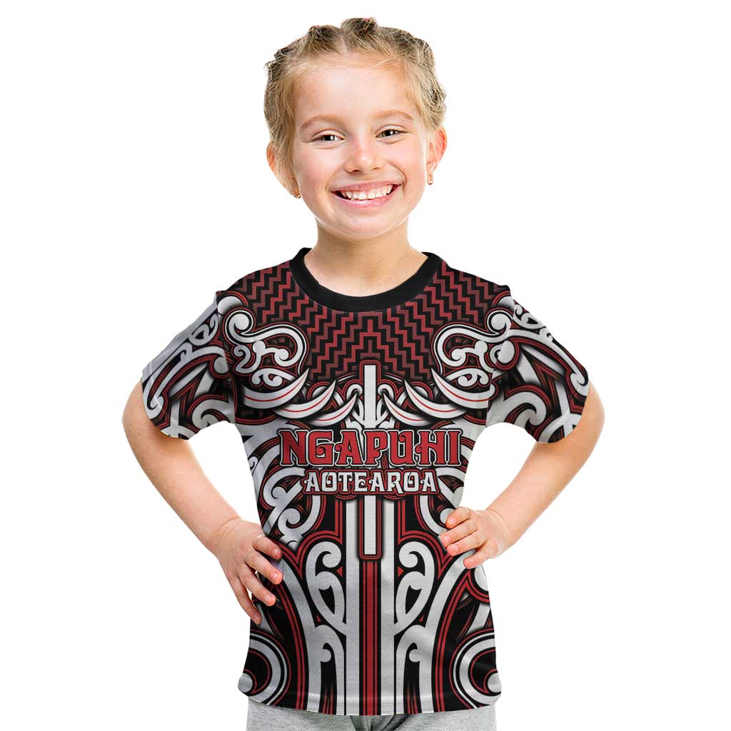 Custom Aotearoa Ngapuhi Kid T Shirt Maori Tribal Pattern Mix Poutama LT05 Red - Polynesian Pride