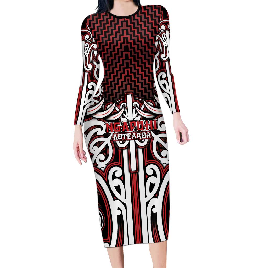 Custom Aotearoa Ngapuhi Long Sleeve Bodycon Dress Maori Tribal Pattern Mix Poutama LT05 Long Dress Red - Polynesian Pride