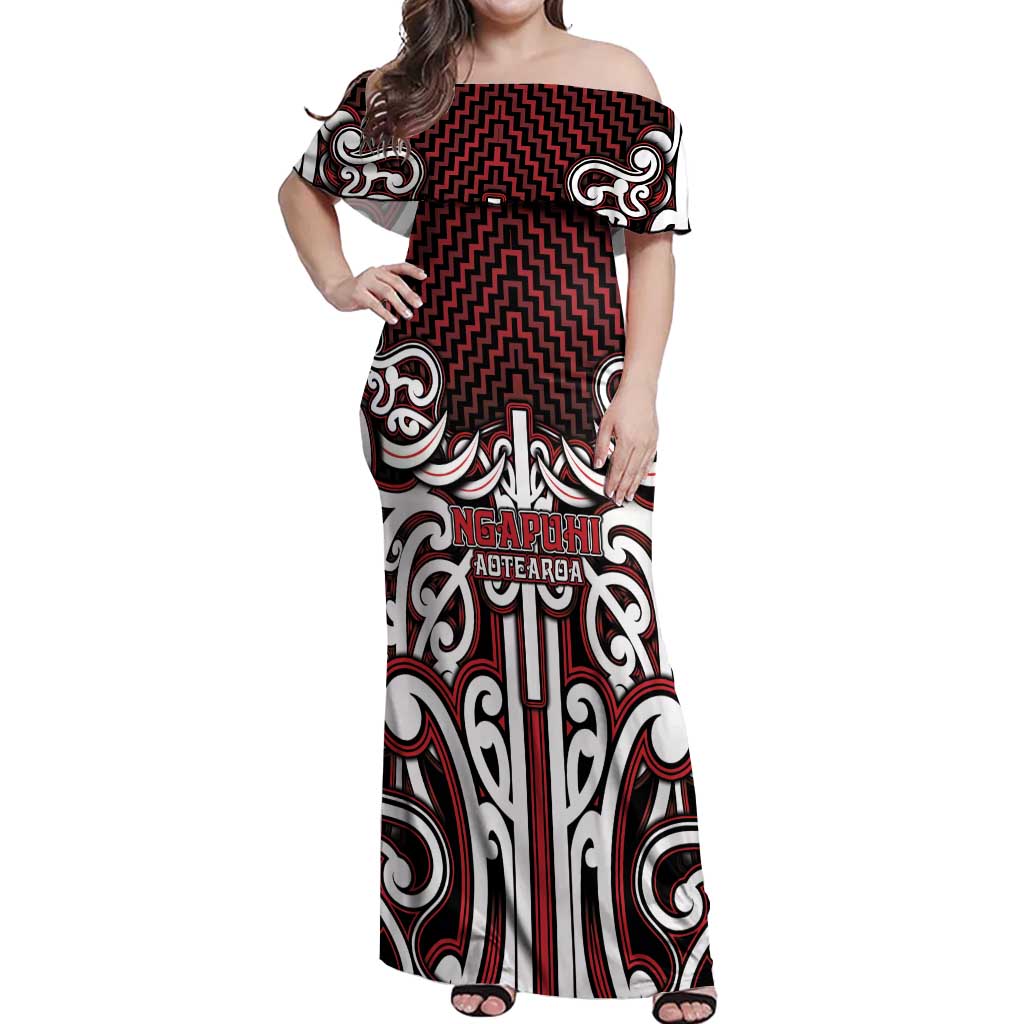 Custom Aotearoa Ngapuhi Off Shoulder Maxi Dress Maori Tribal Pattern Mix Poutama LT05 Women Red - Polynesian Pride