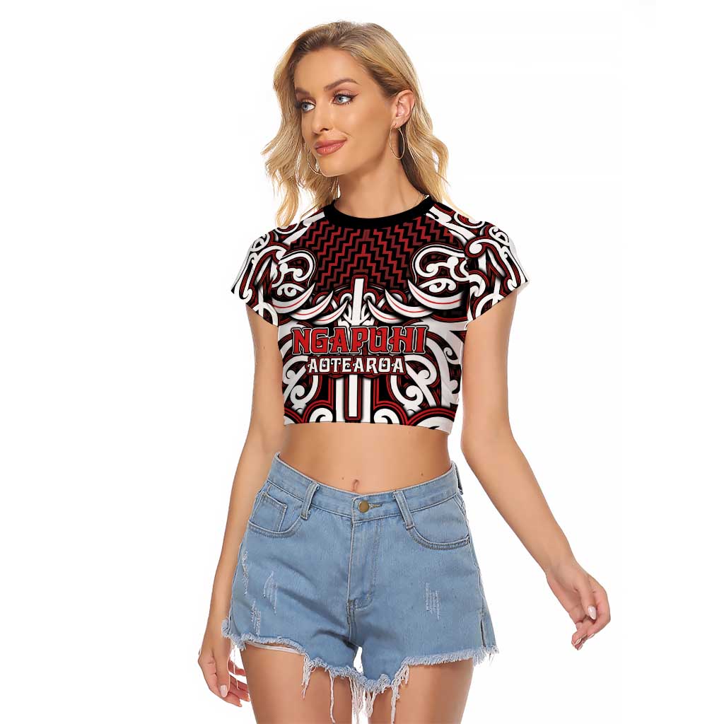 Custom Aotearoa Ngapuhi Raglan Cropped T Shirt Maori Tribal Pattern Mix Poutama LT05 Female Red - Polynesian Pride