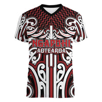 Custom Aotearoa Ngapuhi Women V-Neck T-Shirt Maori Tribal Pattern Mix Poutama LT05 Female Red - Polynesian Pride