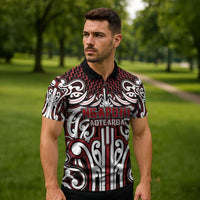 Custom Aotearoa Ngapuhi Zipper Polo Shirt Maori Tribal Pattern Mix Poutama