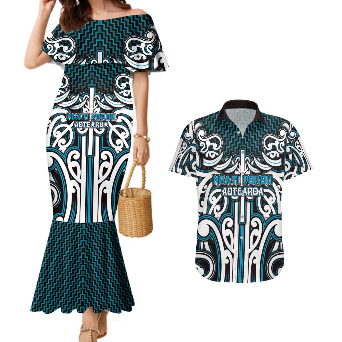Custom Aotearoa Ngati Porou Couples Matching Mermaid Dress and Hawaiian Shirt Maori Tribal Pattern Mix Poutama