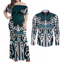 Custom Aotearoa Ngati Porou Couples Matching Off Shoulder Maxi Dress and Long Sleeve Button Shirt Maori Tribal Pattern Mix Poutama LT05 Blue - Polynesian Pride