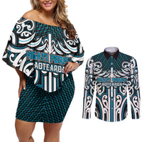Custom Aotearoa Ngati Porou Couples Matching Off Shoulder Short Dress and Long Sleeve Button Shirt Maori Tribal Pattern Mix Poutama LT05 Blue - Polynesian Pride