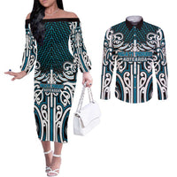 Custom Aotearoa Ngati Porou Couples Matching Off The Shoulder Long Sleeve Dress and Long Sleeve Button Shirt Maori Tribal Pattern Mix Poutama