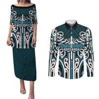 Custom Aotearoa Ngati Porou Couples Matching Puletasi and Long Sleeve Button Shirt Maori Tribal Pattern Mix Poutama LT05 Blue - Polynesian Pride