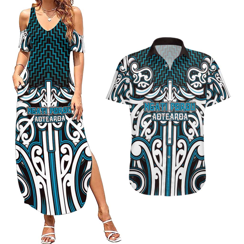 Custom Aotearoa Ngati Porou Couples Matching Summer Maxi Dress and Hawaiian Shirt Maori Tribal Pattern Mix Poutama LT05 Blue - Polynesian Pride