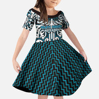 Custom Aotearoa Ngati Porou Family Matching Off The Shoulder Long Sleeve Dress and Hawaiian Shirt Maori Tribal Pattern Mix Poutama LT05 Daughter's Dress Blue - Polynesian Pride
