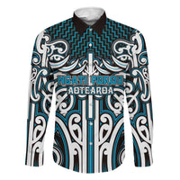 Custom Aotearoa Ngati Porou Family Matching Off The Shoulder Long Sleeve Dress and Hawaiian Shirt Maori Tribal Pattern Mix Poutama LT05 Dad's Shirt - Long Sleeve Blue - Polynesian Pride