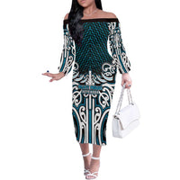 Custom Aotearoa Ngati Porou Family Matching Off The Shoulder Long Sleeve Dress and Hawaiian Shirt Maori Tribal Pattern Mix Poutama LT05 Mom's Dress Blue - Polynesian Pride