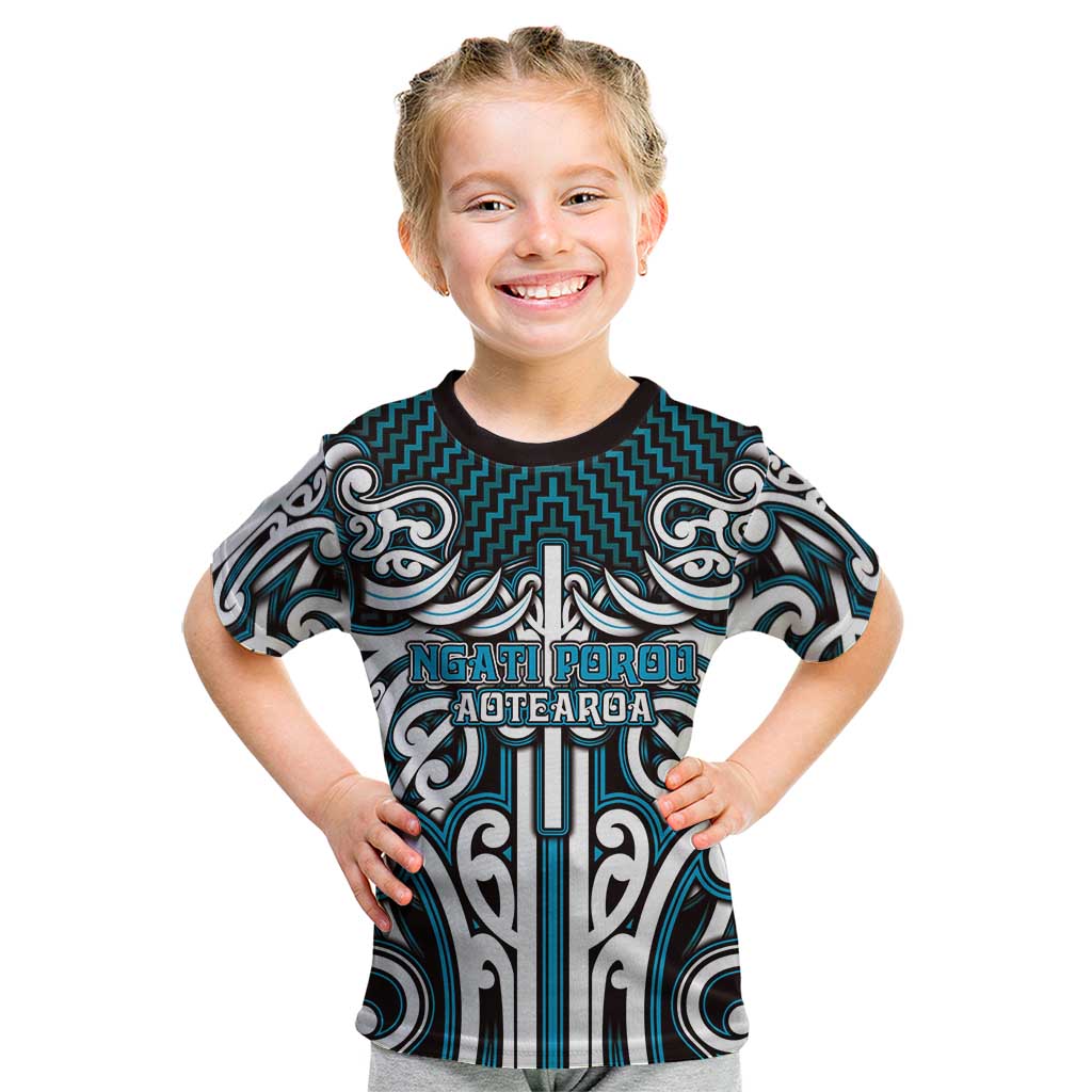 Custom Aotearoa Ngati Porou Kid T Shirt Maori Tribal Pattern Mix Poutama LT05 Blue - Polynesian Pride