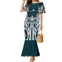 Custom Aotearoa Ngati Porou Mermaid Dress Maori Tribal Pattern Mix Poutama LT05 Women Blue - Polynesian Pride
