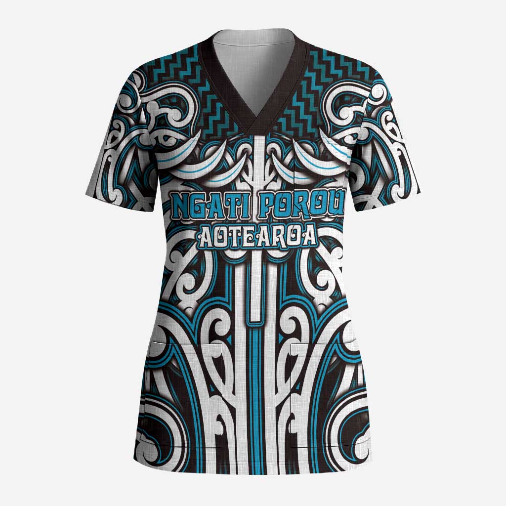 Custom Aotearoa Ngati Porou Scrub Top Maori Tribal Pattern Mix Poutama LT05 Adult Blue - Polynesian Pride