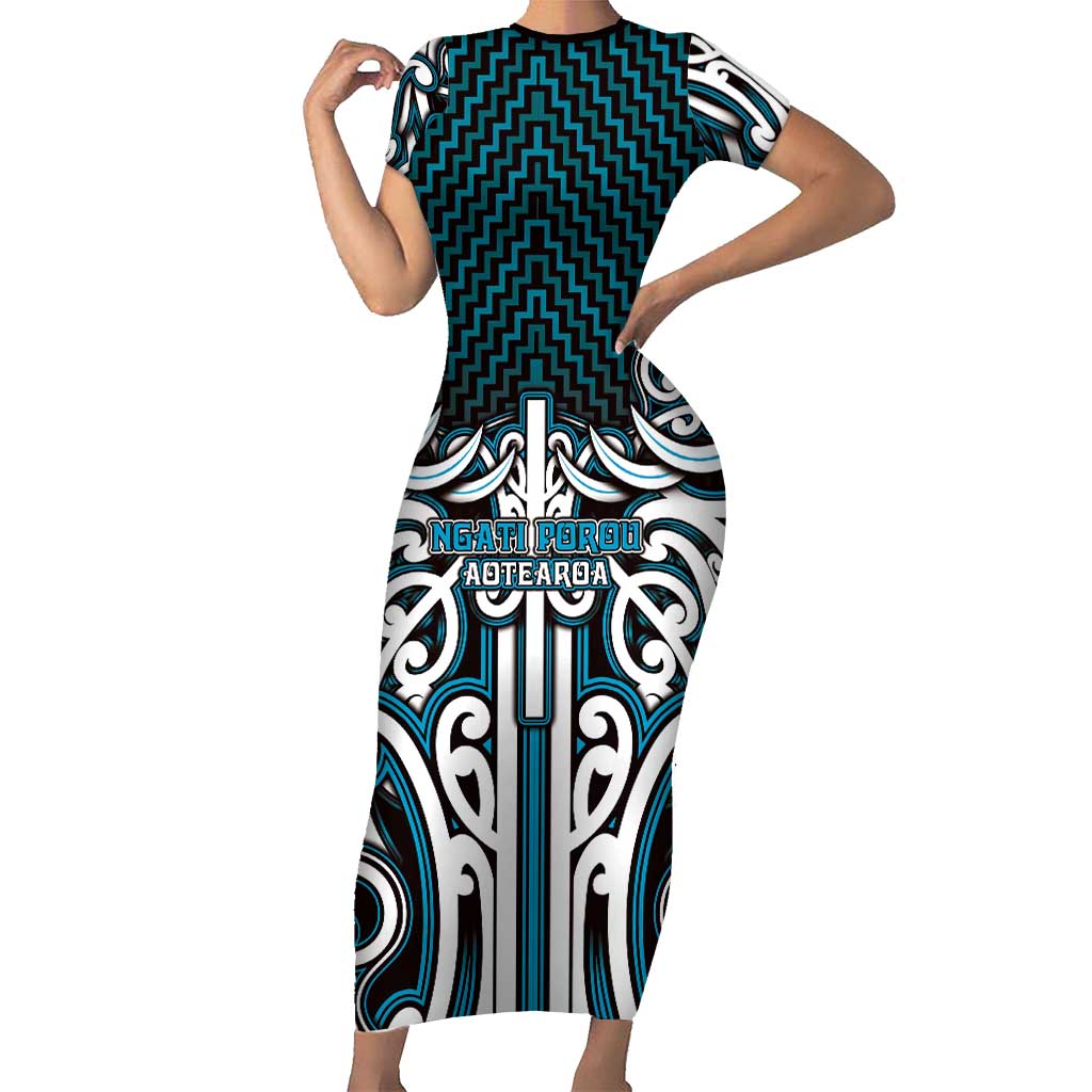 Custom Aotearoa Ngati Porou Short Sleeve Bodycon Dress Maori Tribal Pattern Mix Poutama LT05 Long Dress Blue - Polynesian Pride