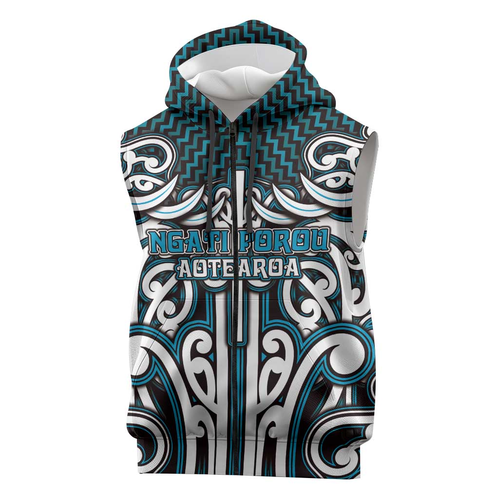 Custom Aotearoa Ngati Porou Sleeveless Zip Hoodie Maori Tribal Pattern Mix Poutama LT05 Blue - Polynesian Pride
