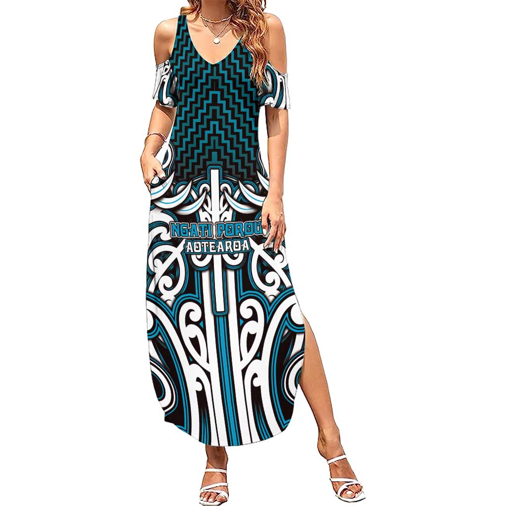 Custom Aotearoa Ngati Porou Summer Maxi Dress Maori Tribal Pattern Mix Poutama LT05 Women Blue - Polynesian Pride