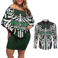 Custom Aotearoa Ngai Tahu Couples Matching Off Shoulder Short Dress and Long Sleeve Button Shirt Maori Tribal Pattern Mix Poutama LT05 Green - Polynesian Pride