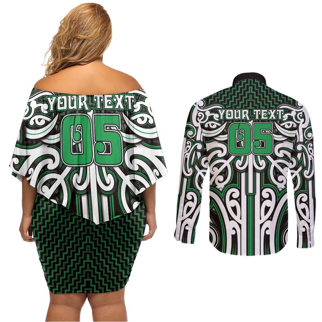 Custom Aotearoa Ngai Tahu Couples Matching Off Shoulder Short Dress and Long Sleeve Button Shirt Maori Tribal Pattern Mix Poutama LT05 - Polynesian Pride