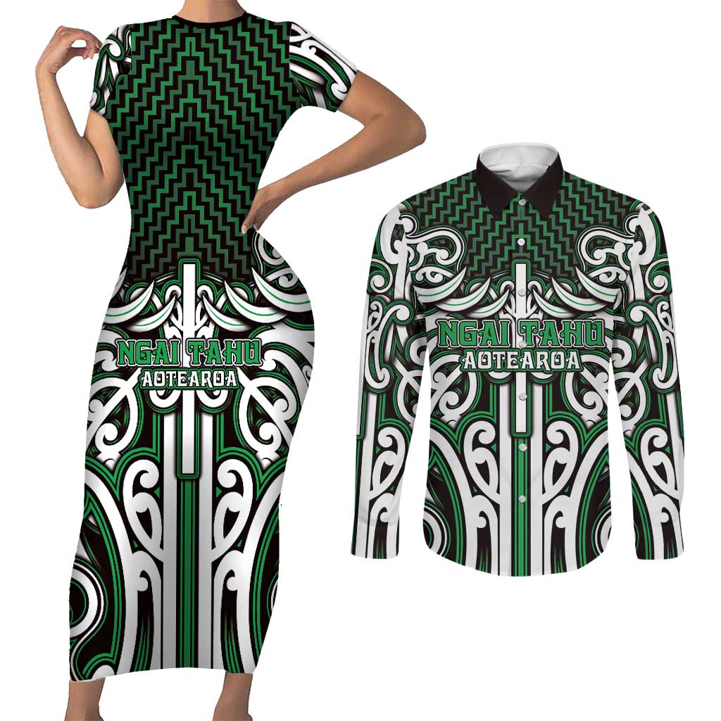 Custom Aotearoa Ngai Tahu Couples Matching Short Sleeve Bodycon Dress and Long Sleeve Button Shirt Maori Tribal Pattern Mix Poutama