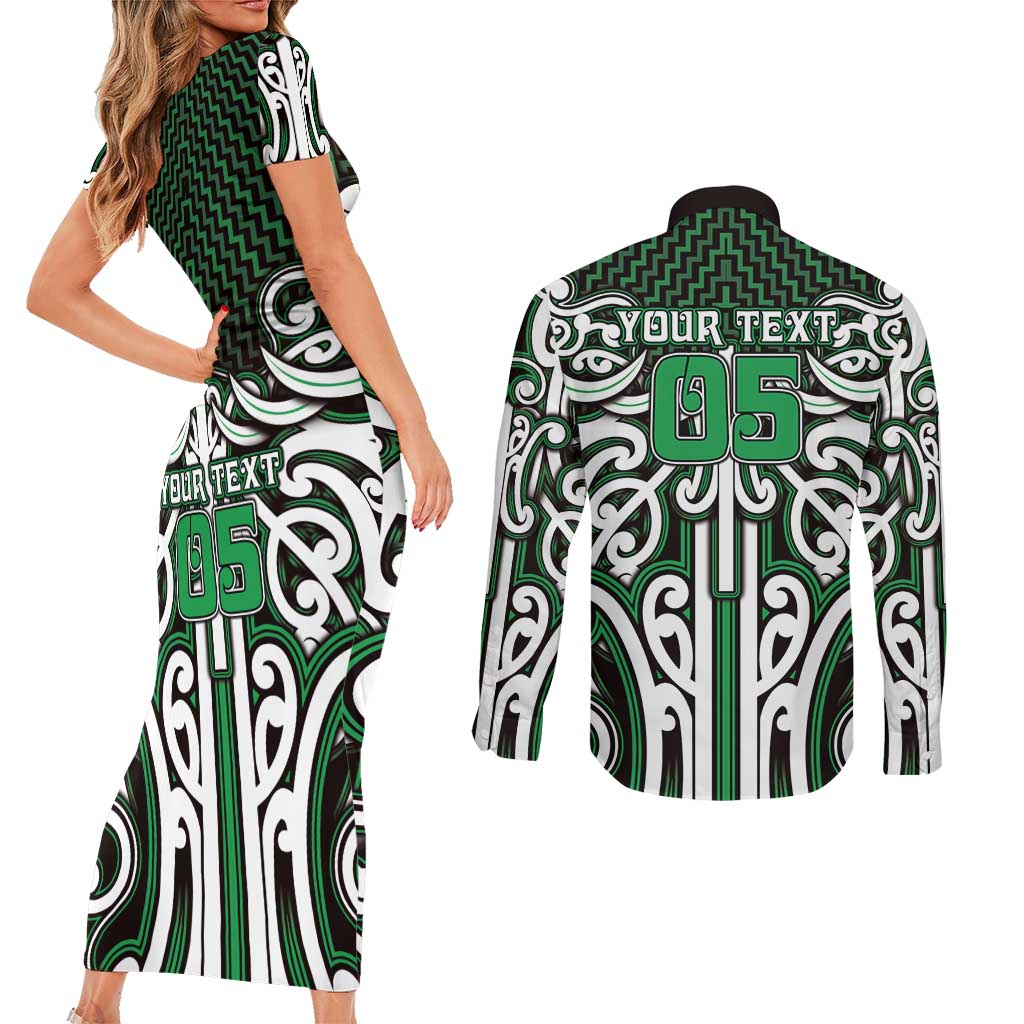 Custom Aotearoa Ngai Tahu Couples Matching Short Sleeve Bodycon Dress and Long Sleeve Button Shirt Maori Tribal Pattern Mix Poutama