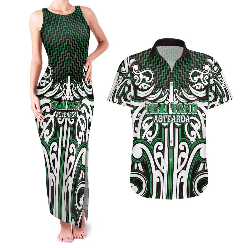 Custom Aotearoa Ngai Tahu Couples Matching Tank Maxi Dress and Hawaiian Shirt Maori Tribal Pattern Mix Poutama LT05 Green - Polynesian Pride