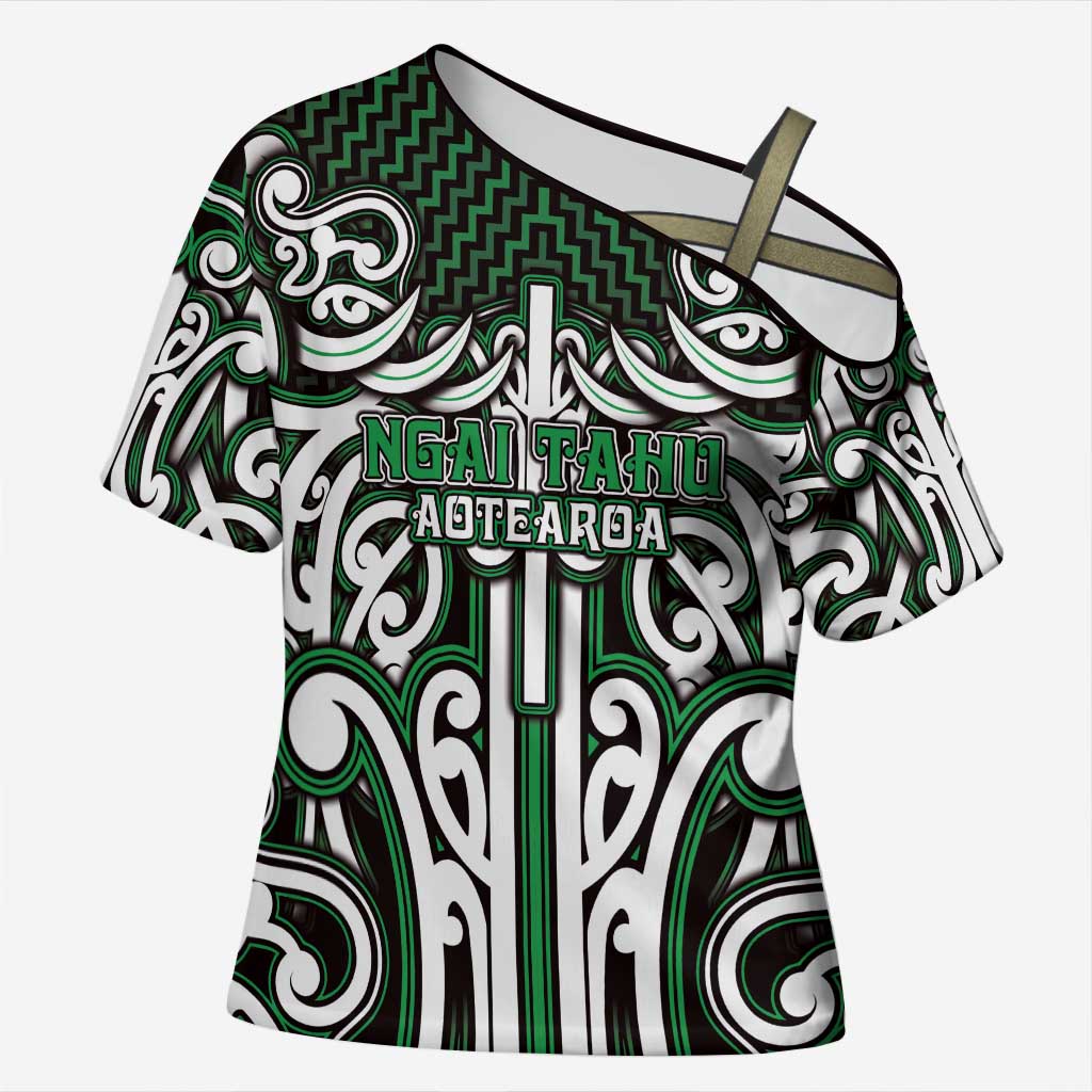 Custom Aotearoa Ngai Tahu Cross Shoulder Shirt Maori Tribal Pattern Mix Poutama LT05 Female Green - Polynesian Pride