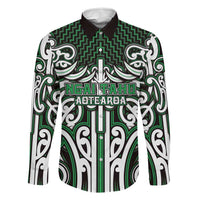 Custom Aotearoa Ngai Tahu Family Matching Mermaid Dress and Hawaiian Shirt Maori Tribal Pattern Mix Poutama LT05 Dad's Shirt - Long Sleeve Green - Polynesian Pride