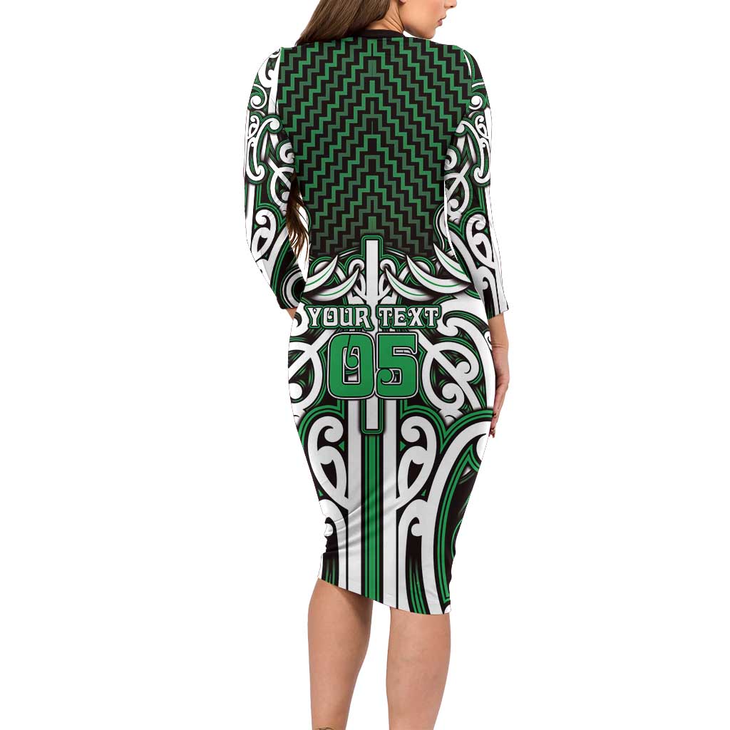 Custom Aotearoa Ngai Tahu Long Sleeve Bodycon Dress Maori Tribal Pattern Mix Poutama