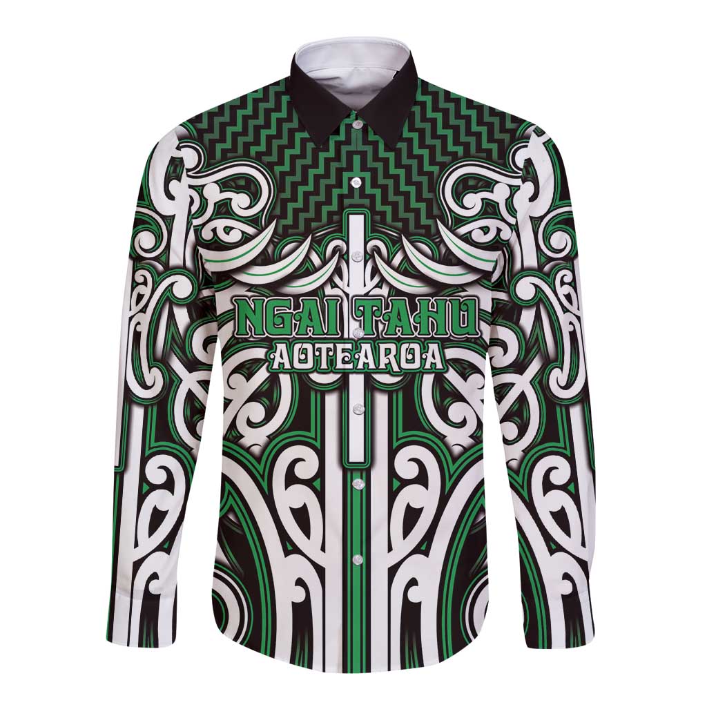 Custom Aotearoa Ngai Tahu Long Sleeve Button Shirt Maori Tribal Pattern Mix Poutama LT05 Unisex Green - Polynesian Pride